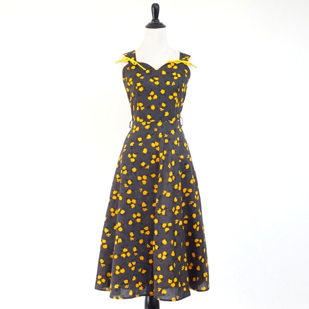 Vintage 50s Black Yellow Floral Sandra Lee Frocks Midi Dress Fit n Flare S